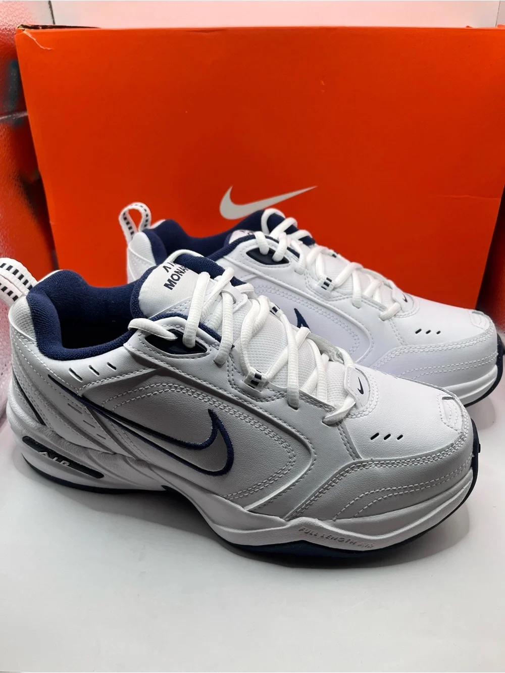 Nike Air Monarch IV New 4E Men’s White & Navy Training Wide Sneakers